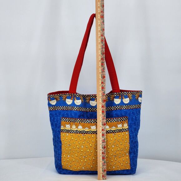 Handmade Chicken Hens Blue Red Large Tote Bag - Picture 10 of 12